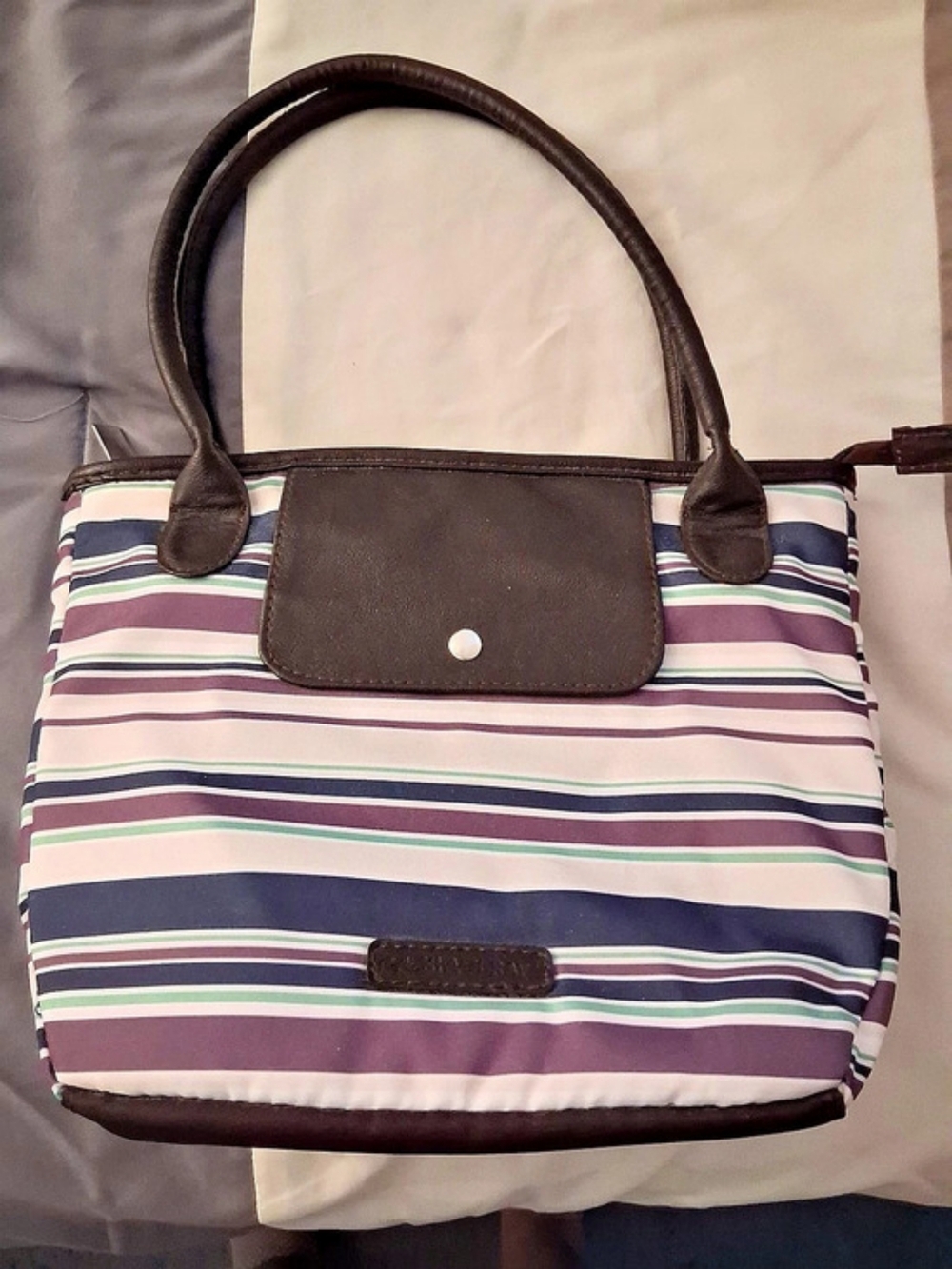 Thirty-One Thermal Tote Striped Purple & White